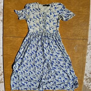 Floral Blue and White Dress vintage 70s cotton blue bell corset back sun dress
